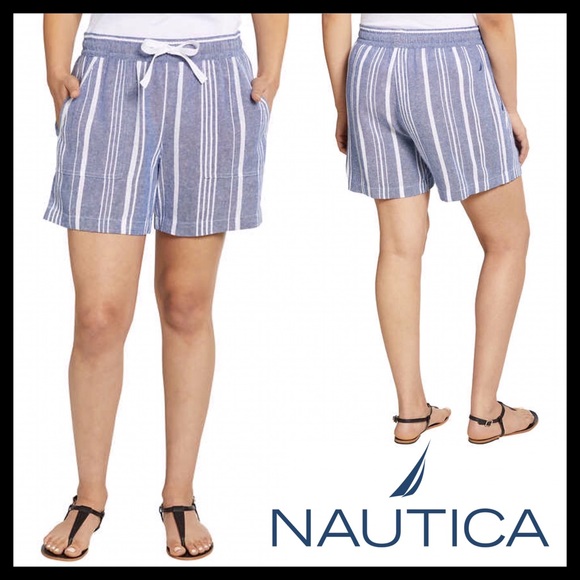 NAUTICAL Linen Blend Pull-On Shorts Light Blue Stripe - Picture 3 of 8